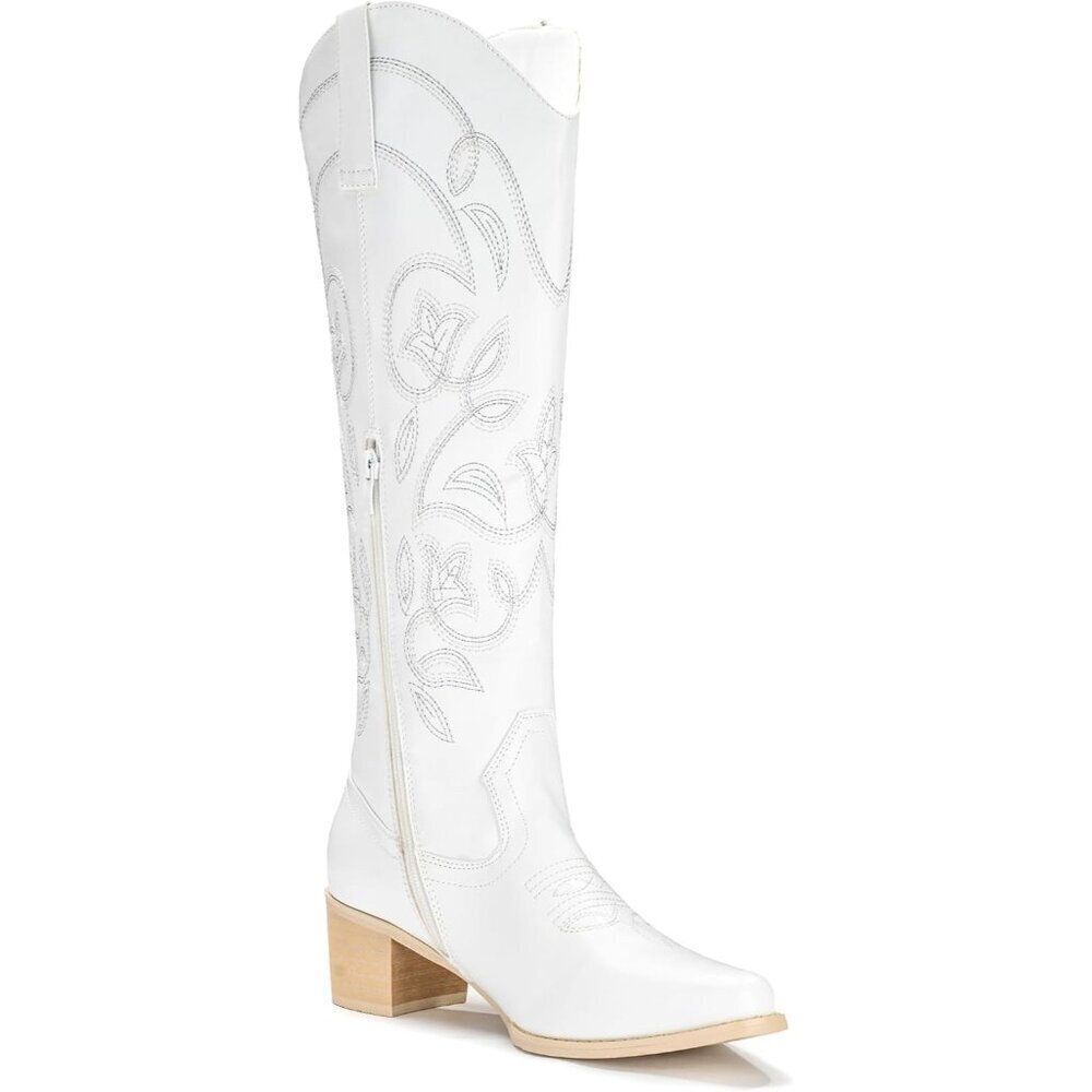 Women's White Pointy Toe Faux Leather Western Cowgirl Mid Calf Boots - Picture 4 of 6